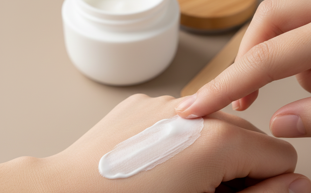Applicazione di una crema cosmetica bianca su una zona arrossata della pelle del braccio, con vasetto di crema e spatola in legno su sfondo beige neutro