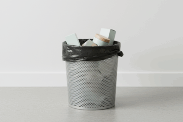 Smaltimento dei cosmetici. Cestino della spazzatura in metallo forato con sacchetto nero contenente confezioni e flaconi di cosmetici