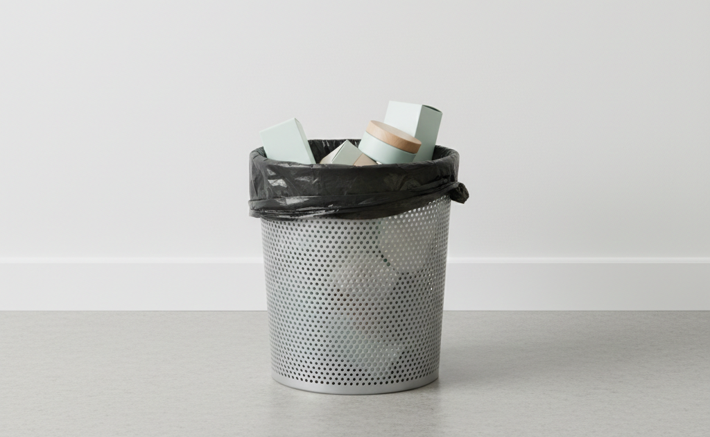 Smaltimento dei cosmetici. Cestino della spazzatura in metallo forato con sacchetto nero contenente confezioni e flaconi di cosmetici