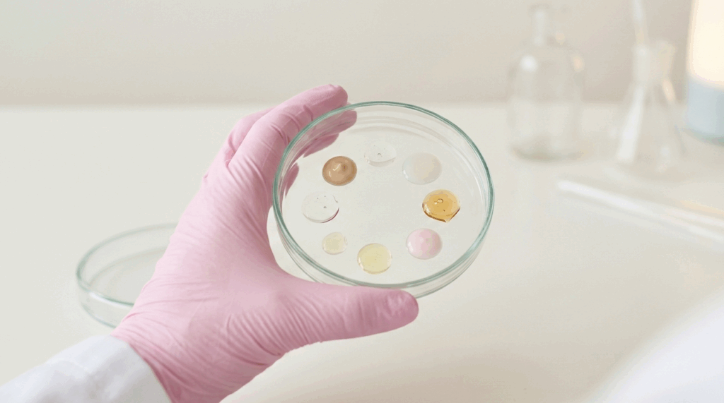 test sui cosmetici, cosmetici su piastra petri per analisi di laboratorio. Mano con guanto rosa in nitrile.