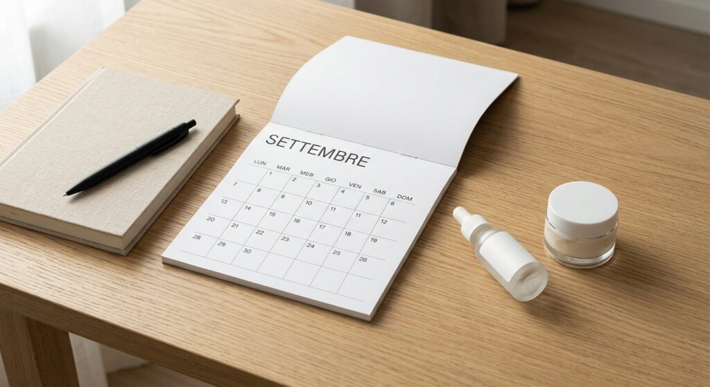 consigli per la skincare di settembre. Un tavolo con calendario di settembre e cosmetici