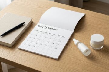 consigli per la skincare di settembre. Un tavolo con calendario di settembre e cosmetici